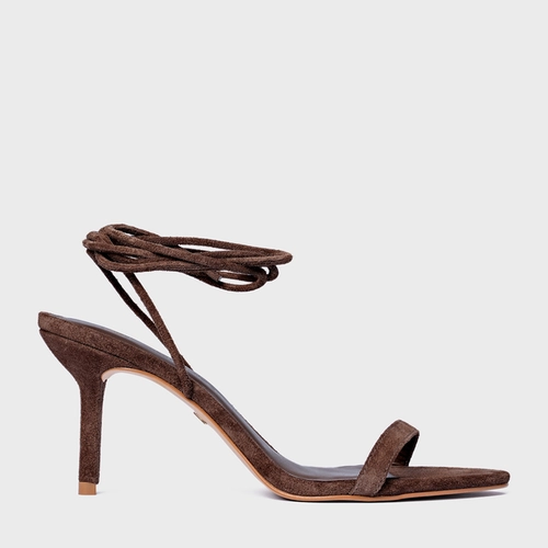 Sandália Strappy Lace Up Salto Fino Couro Suede Marrom Ganache