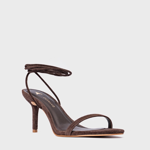 Sandália Strappy Lace Up Salto Fino Couro Suede Marrom Ganache