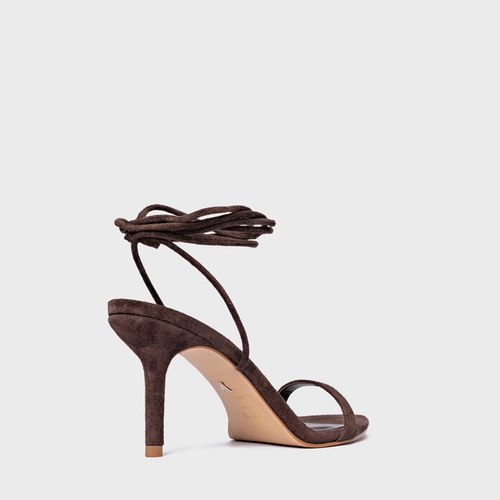 Sandália Strappy Lace Up Salto Fino Couro Suede Marrom Ganache