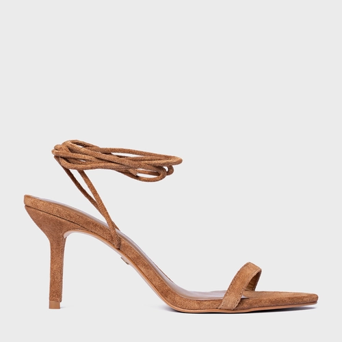 Sandália Strappy Lace Up Salto Fino Couro Suede Marrom Saddle