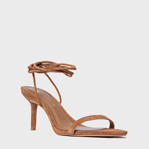 Sandália Strappy Lace Up Salto Fino Couro Suede Marrom Saddle