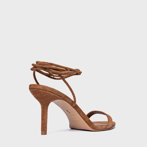 Sandália Strappy Lace Up Salto Fino Couro Suede Marrom Saddle
