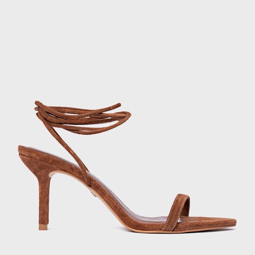 Sandália Strappy Lace Up Salto Fino Couro Suede Marrom Walnut