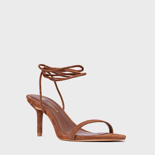 Sandália Strappy Lace Up Salto Fino Couro Suede Marrom Walnut