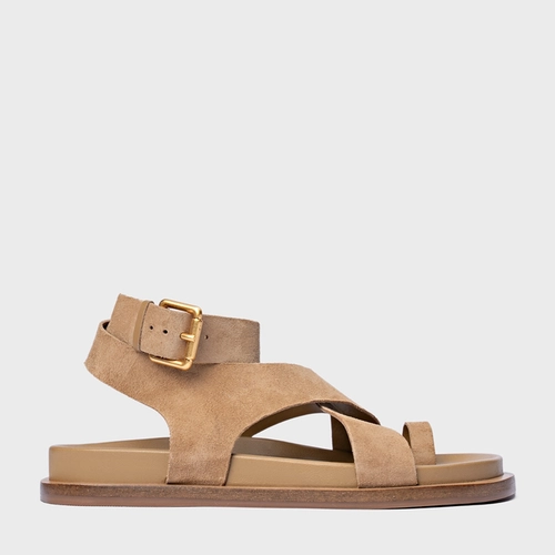Sandália Rasteira Bold Couro Suede Bege Almond