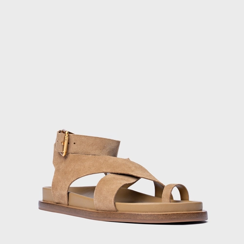 Sandália Rasteira Bold Couro Suede Bege Almond