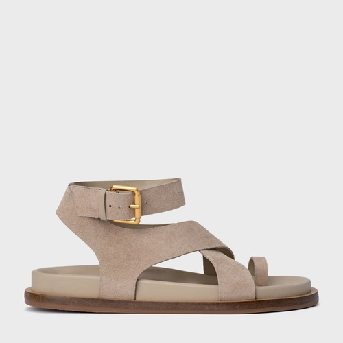 Sandália Rasteira Bold Couro Suede Bege Oatmeal