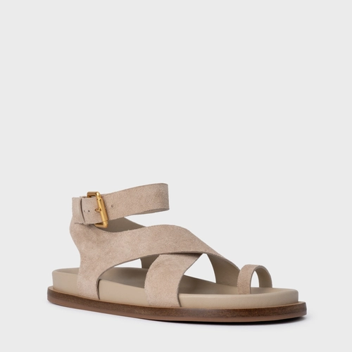 Sandália Rasteira Bold Couro Suede Bege Oatmeal