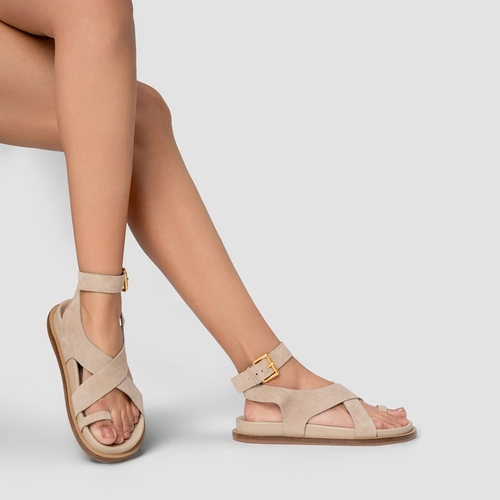 Sandália Rasteira Bold Couro Suede Bege Oatmeal