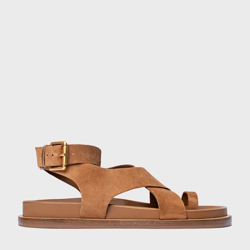 Sandália Rasteira Bold Couro Suede Marrom Saddle