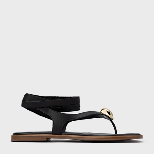 Sandália Rasteira Thong Gold Detail Lace Up Couro Preto