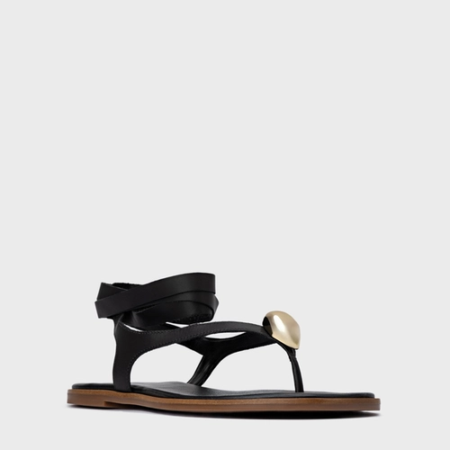 Sandália Rasteira Thong Gold Detail Lace Up Couro Preto