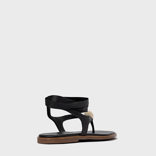 Sandália Rasteira Thong Gold Detail Lace Up Couro Preto