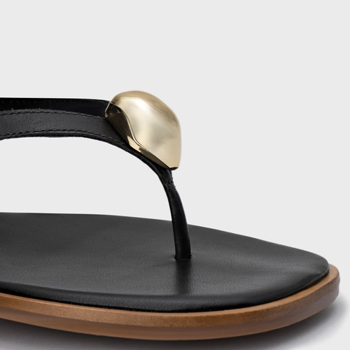 Sandália Rasteira Thong Gold Detail Lace Up Couro Preto
