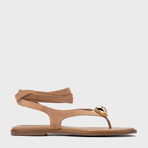 Sandália Rasteira Thong Gold Detail Lace Up Couro Suede Marrom Cookie