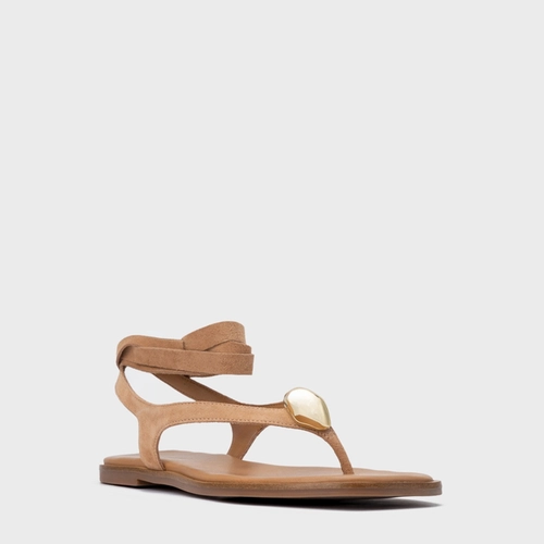 Sandália Rasteira Thong Gold Detail Lace Up Couro Suede Marrom Cookie