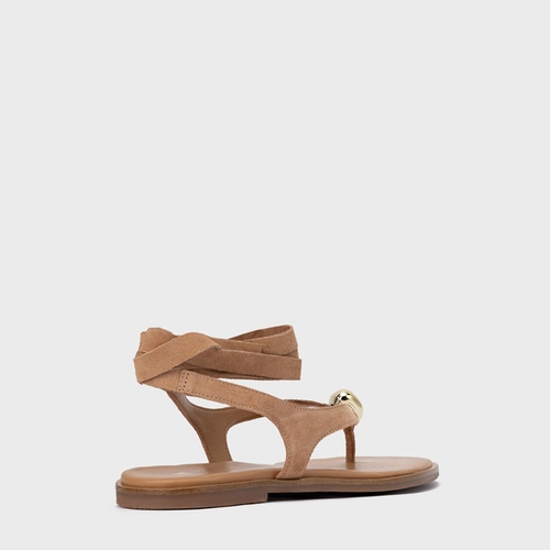 Sandália Rasteira Thong Gold Detail Lace Up Couro Suede Marrom Cookie