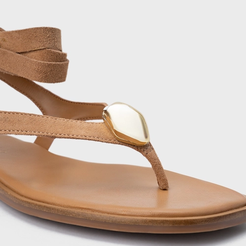Sandália Rasteira Thong Gold Detail Lace Up Couro Suede Marrom Cookie