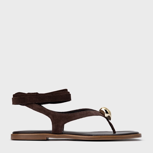 Sandália Rasteira Thong Gold Detail Lace Up Couro Suede Marrom Ganache