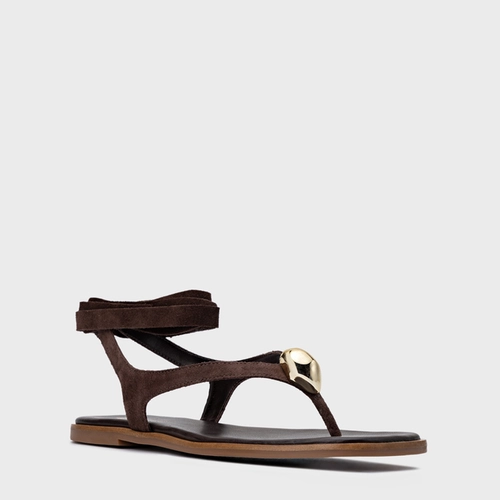 Sandália Rasteira Thong Gold Detail Lace Up Couro Suede Marrom Ganache