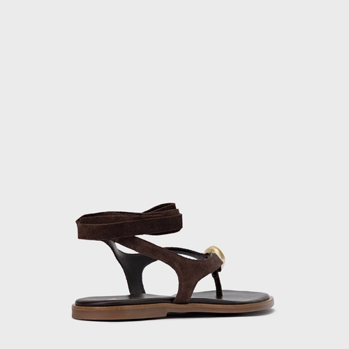 Sandália Rasteira Thong Gold Detail Lace Up Couro Suede Marrom Ganache