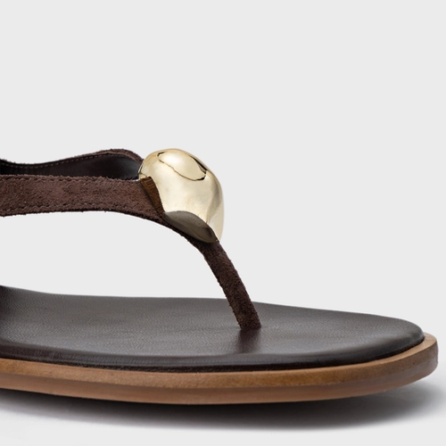 Sandália Rasteira Thong Gold Detail Lace Up Couro Suede Marrom Ganache