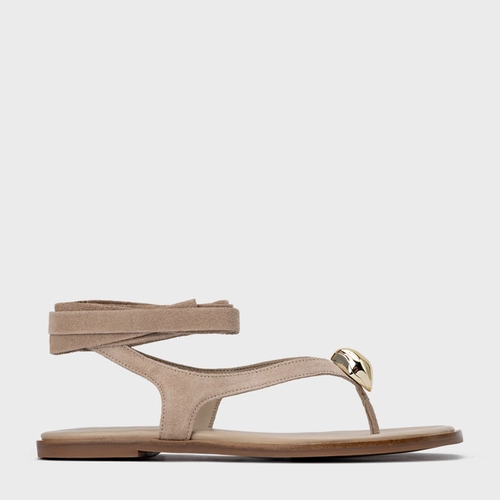 Sandália Rasteira Thong Gold Detail Lace Up Couro Suede Bege Oatmeal