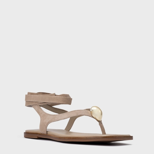 Sandália Rasteira Thong Gold Detail Lace Up Couro Suede Bege Oatmeal