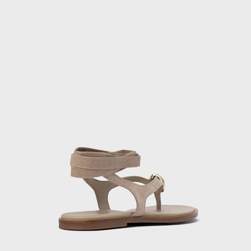 Sandália Rasteira Thong Gold Detail Lace Up Couro Suede Bege Oatmeal