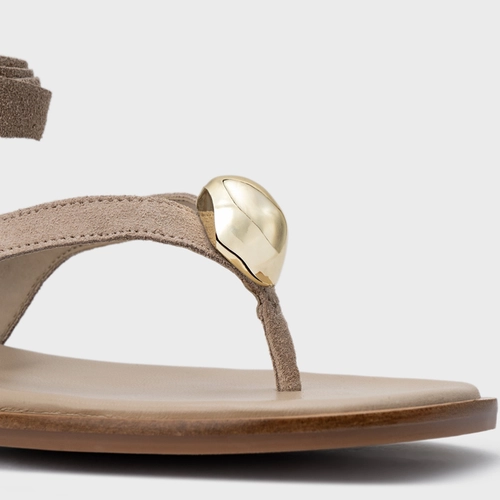 Sandália Rasteira Thong Gold Detail Lace Up Couro Suede Bege Oatmeal