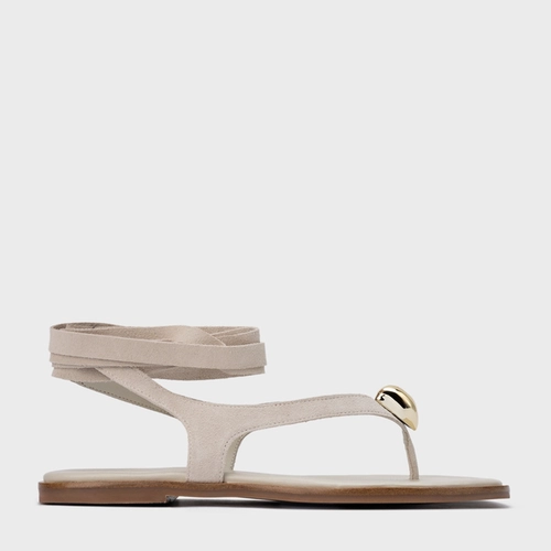 Sandália Rasteira Thong Gold Detail Lace Up Couro Suede Off White Osso