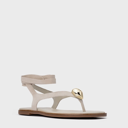 Sandália Rasteira Thong Gold Detail Lace Up Couro Suede Off White Osso