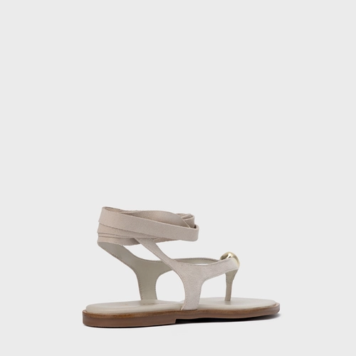 Sandália Rasteira Thong Gold Detail Lace Up Couro Suede Off White Osso