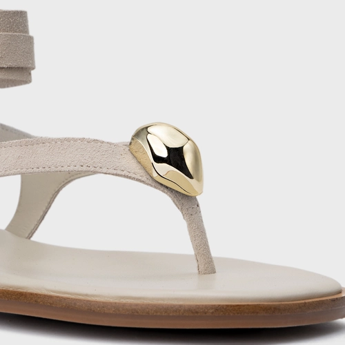 Sandália Rasteira Thong Gold Detail Lace Up Couro Suede Off White Osso