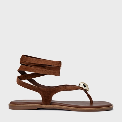 Sandália Rasteira Thong Gold Detail Lace Up Couro Suede Marrom Walnut