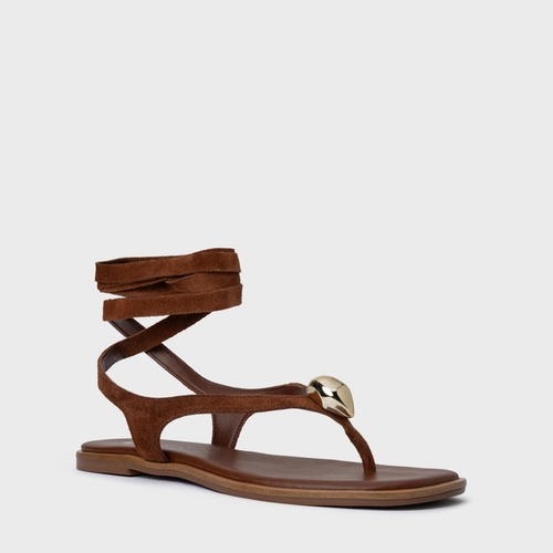 Sandália Rasteira Thong Gold Detail Lace Up Couro Suede Marrom Walnut