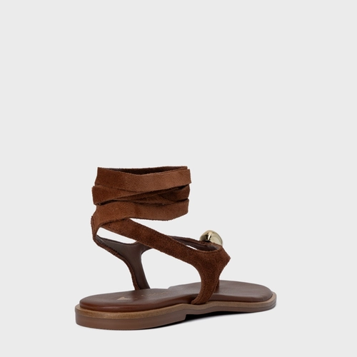 Sandália Rasteira Thong Gold Detail Lace Up Couro Suede Marrom Walnut