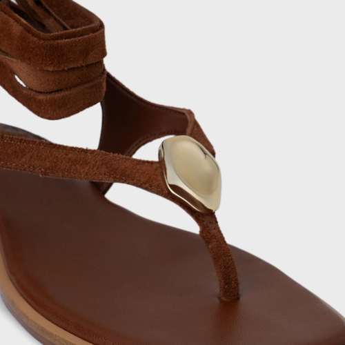 Sandália Rasteira Thong Gold Detail Lace Up Couro Suede Marrom Walnut