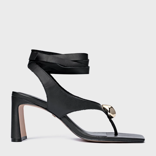 Sandália Thong Gold Detail Lace Up Salto Uno Couro Preto