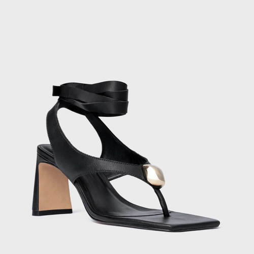 Sandália Thong Gold Detail Lace Up Salto Uno Couro Preto