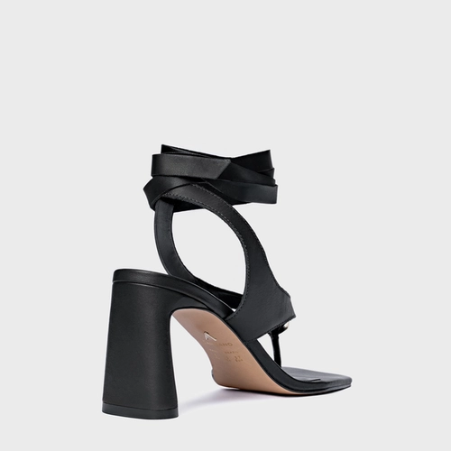 Sandália Thong Gold Detail Lace Up Salto Uno Couro Preto