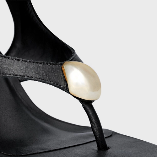 Sandália Thong Gold Detail Lace Up Salto Uno Couro Preto