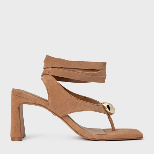 Sandália Thong  Gold Detail Lace Up Salto Uno Couro Suede Marrom Cookie