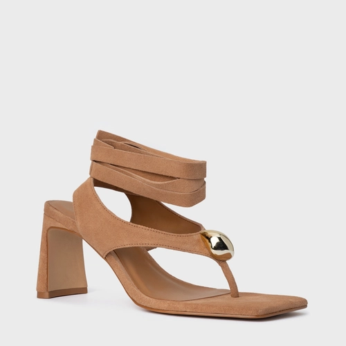 Sandália Thong  Gold Detail Lace Up Salto Uno Couro Suede Marrom Cookie