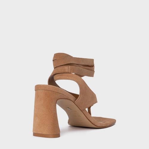 Sandália Thong  Gold Detail Lace Up Salto Uno Couro Suede Marrom Cookie