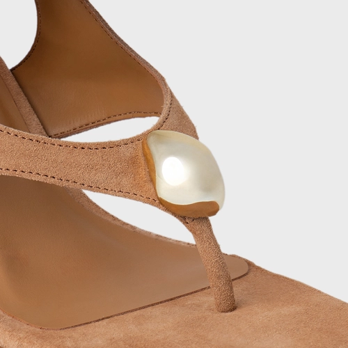 Sandália Thong  Gold Detail Lace Up Salto Uno Couro Suede Marrom Cookie