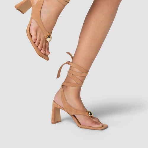 Sandália Thong  Gold Detail Lace Up Salto Uno Couro Suede Marrom Cookie