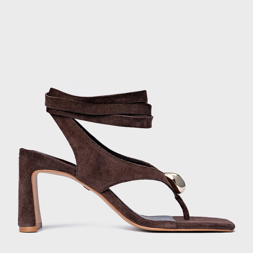 Sandália Thong  Gold Detail Lace Up Salto Uno Couro Suede Marrom Ganache