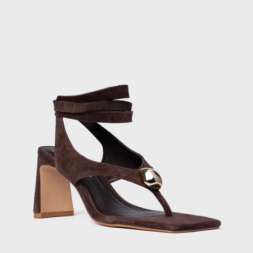 Sandália Thong  Gold Detail Lace Up Salto Uno Couro Suede Marrom Ganache