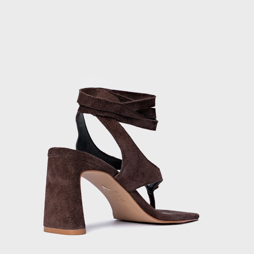 Sandália Thong  Gold Detail Lace Up Salto Uno Couro Suede Marrom Ganache